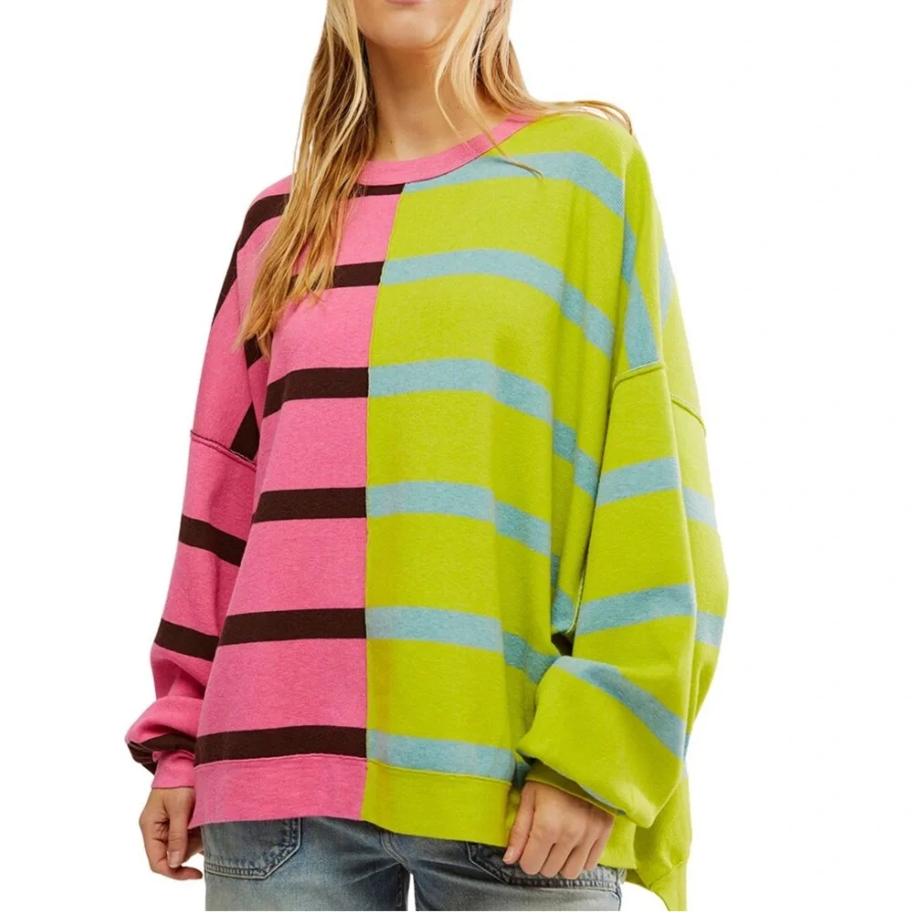 NWT Free People Uptown Stripped Pullover in Aura Lime Combo size S